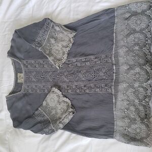 Johnny Was Boho Embroidered Lace Tunic Top, Grey, Size XS